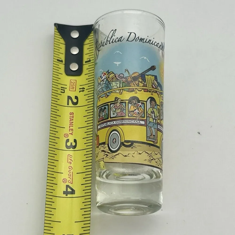 Republica Dominicana Souvenir Tall Shot Glass Hand Painted Bus Scene Dominican